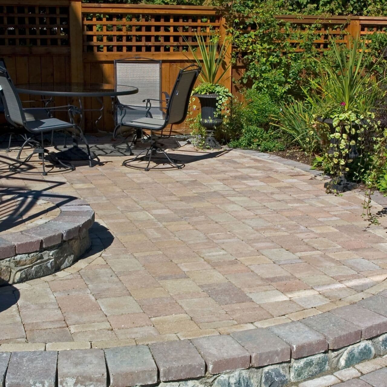 Old Country Stone paver patio outdoor living space — Daedalus Contracting, Lower Mainland BC