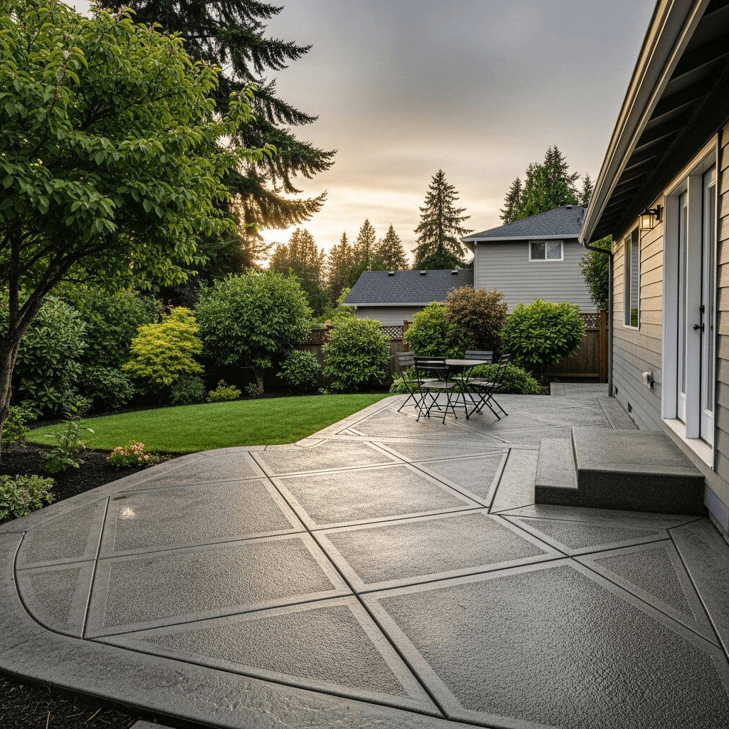 Broom finish concrete patio with saw-cut pattern — Daedalus Contracting, Lower Mainland BC