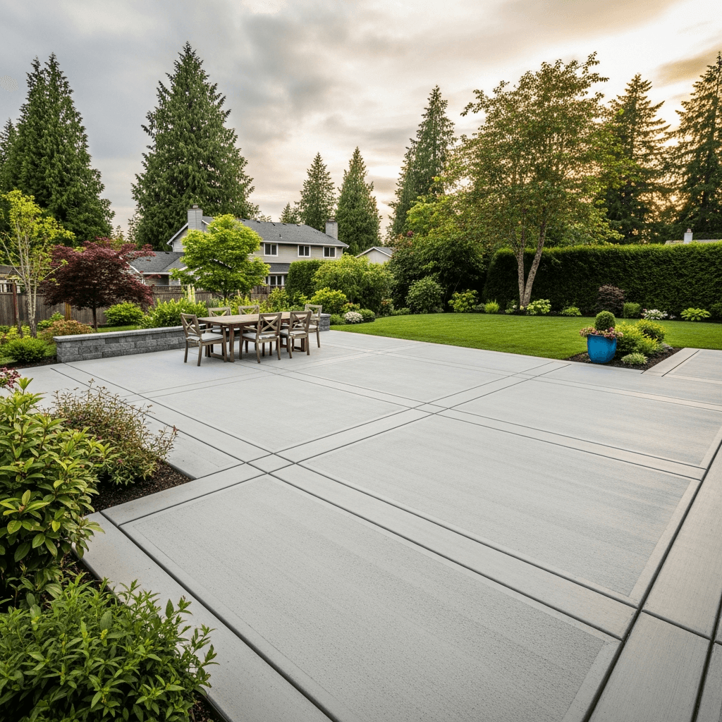 Modern concrete patio with clean saw-cut joints in a Lower Mainland backyard