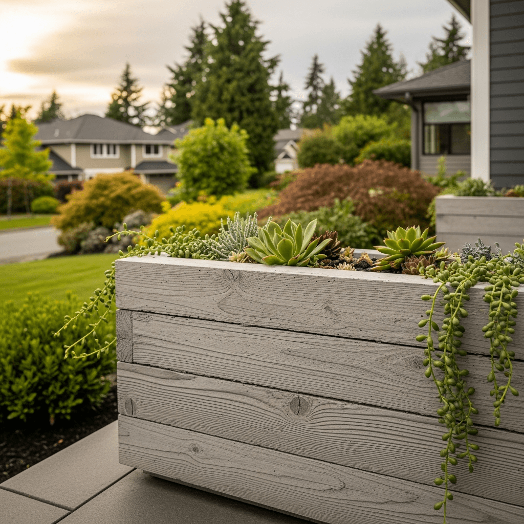 Board-formed concrete planter with wood grain texture — Daedalus Contracting, Lower Mainland BC