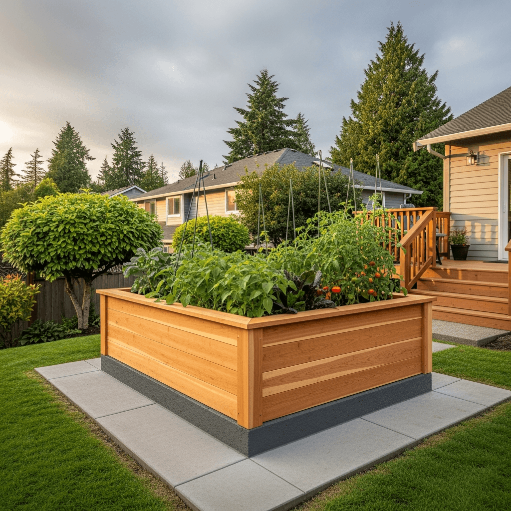 Western red cedar raised garden bed on concrete base — Daedalus Contracting, Lower Mainland BC