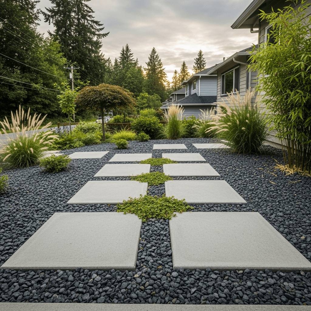 Concrete stepping stones in decorative gravel — Daedalus Contracting, Lower Mainland BC