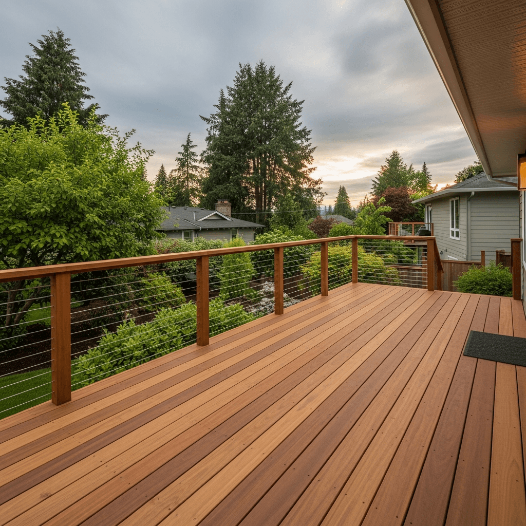 Western red cedar deck with natural stain finish and railing — Daedalus Contracting, Lower Mainland BC