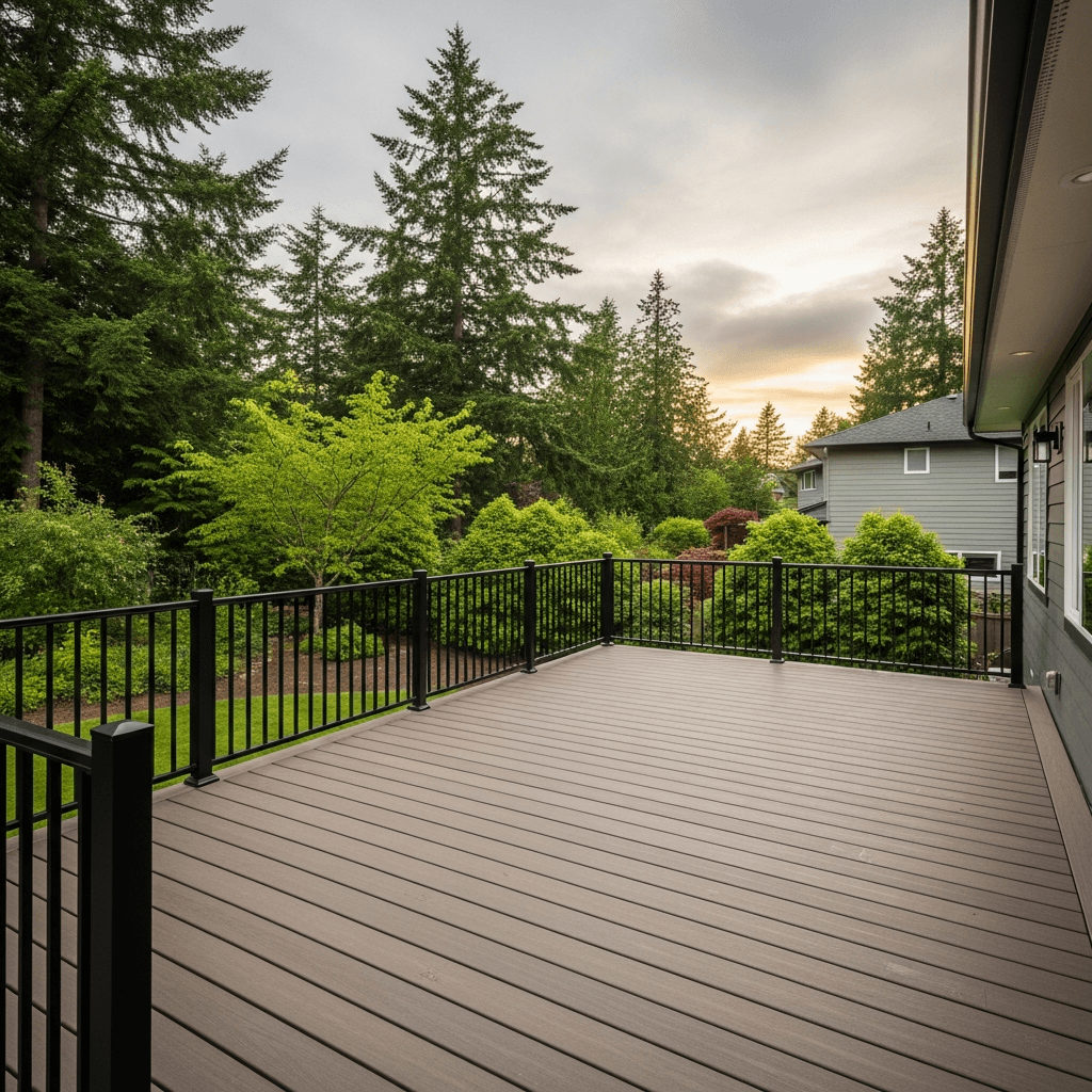 Modern composite deck in grey tones with aluminum railing — Daedalus Contracting, Lower Mainland BC