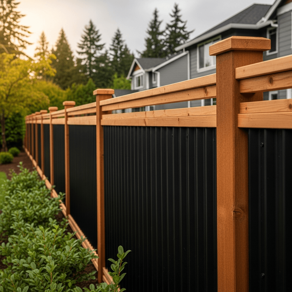 Black corrugated metal privacy fence with cedar trim — Daedalus Contracting, Lower Mainland BC