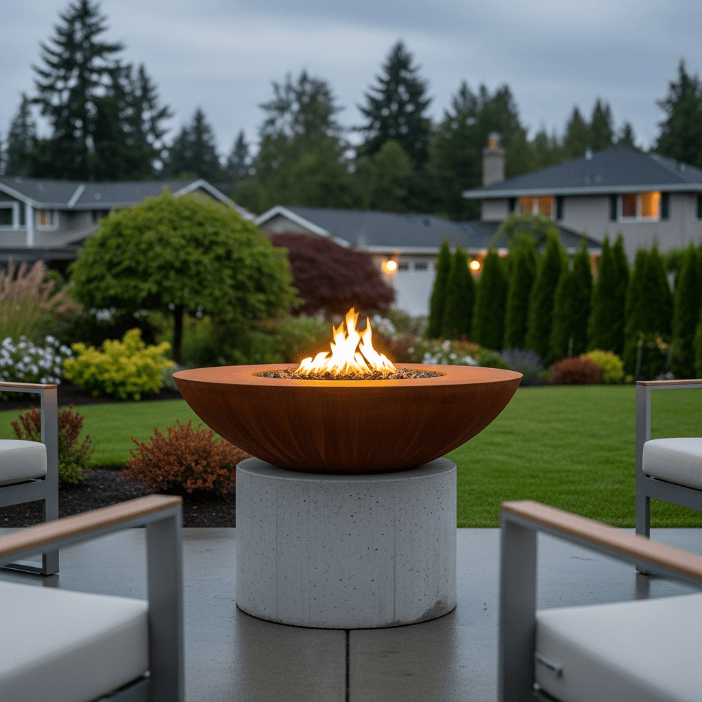 Corten steel fire bowl on concrete pedestal — Daedalus Contracting, Lower Mainland BC