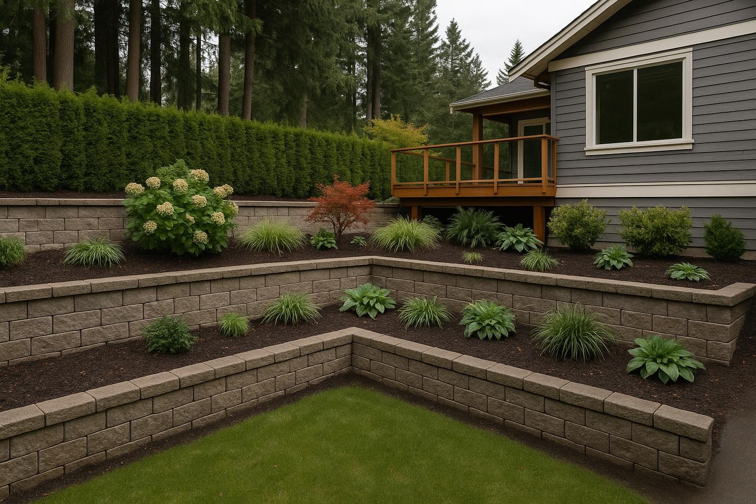 Two-tier terraced retaining wall with planted benches between the tiers below a Lower Mainland home