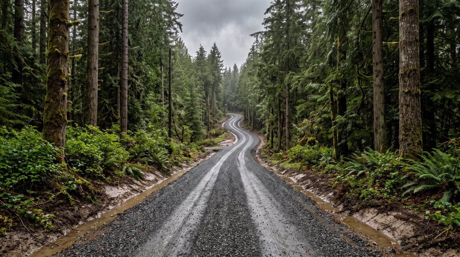 Illustration: a rural gravel driveway in Mission, BC climbing a forested hill, freshly graded with a crown shedding water to shaped shoulders on both sides, under heavy overcast rain.
