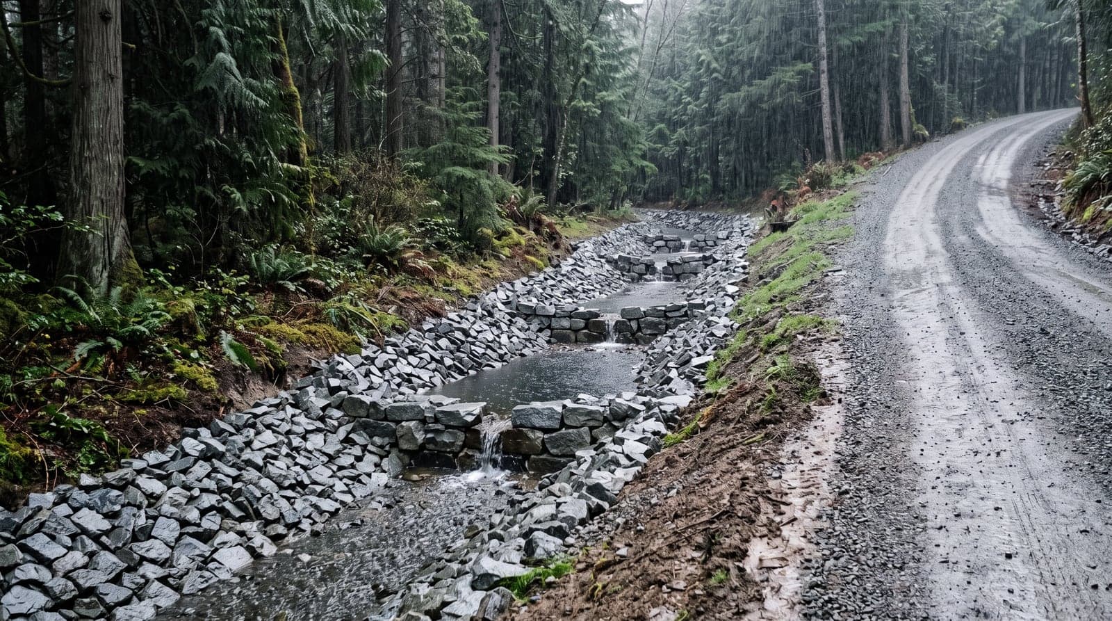 Illustration: a rock-lined drainage swale running downhill beside a sloped gravel driveway, with low check dams set across it holding a small pool of water behind each one.